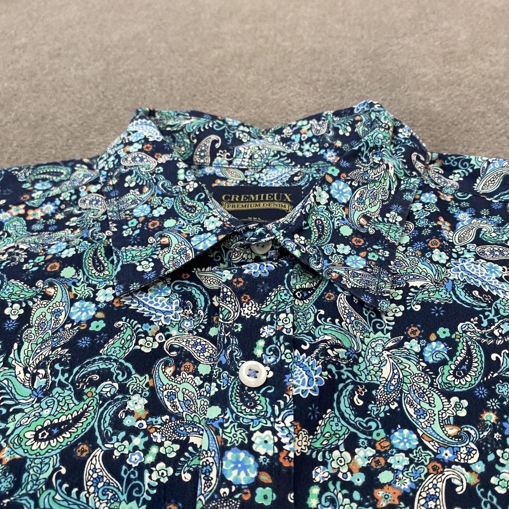 Cremieux Premium Denim Shirt Mens 2XL XXL Blue Paisley Button Front Long Sleeve - Picture 2 of 8